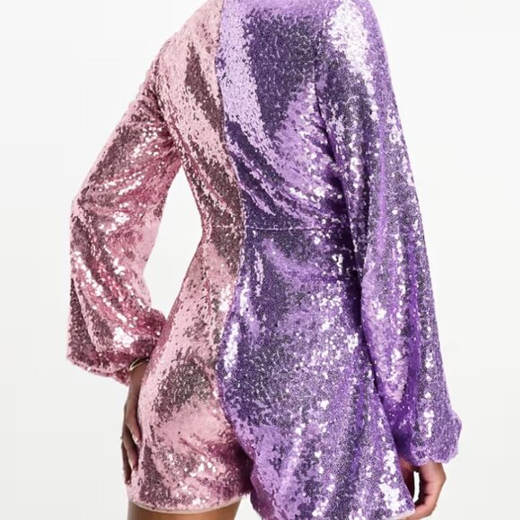 Jaded Rose Petite balloon sleeve sequin romper in lilac and pink - Picture 3 of 4